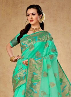 Sea Green Color Zari Weaving Organza Saree Party Wear -C Bazaar Shop sea green color zari weaving organza saree samt002d b
