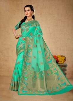 Sea Green Color Zari Weaving Organza Saree Party Wear -C Bazaar Shop sea green color zari weaving organza saree samt002d u