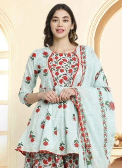 Sea Green Cotton Printed Anarkali Suit Work Wear -C Bazaar Shop sea green cotton printed anarkali suit slsjopljpr803 b