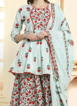 Sea Green Cotton Printed Anarkali Suit Work Wear