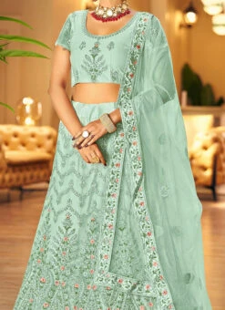 Sea Green Embroidery Stone Work Net A Line Lehenga Party Wear