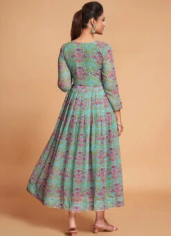Sea Green Georgette Digital Print Fit And Flare Dress After Six Wear -C Bazaar Shop sea green georgette digital print fit and flare dress drsacw9022 b