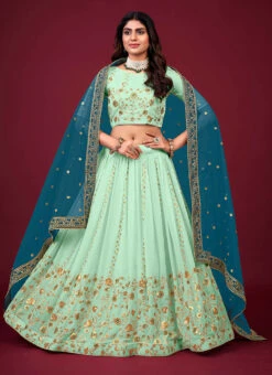 Sea Green Georgette Sequins Embroidered A Line Lehenga Choli Party Wear -C Bazaar Shop sea green georgette sequins embroidered a line lehenga choli ghsir3402 u