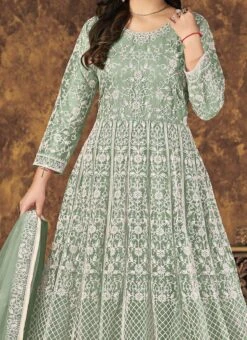 Sea Green Net Embroidery Anarkali Suit Party Wear