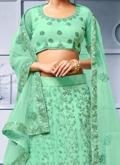 Sea Green Net Machine Embroidered A Line Lehenga Party Wear