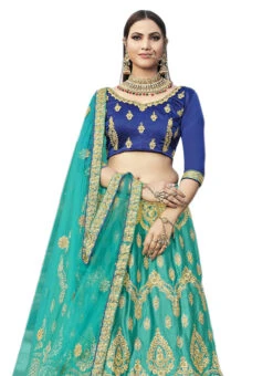 Sea Green Satin Silk Golden Thread Embroidery A Line Lehenga Party Wear -C Bazaar Shop sea green satin silk golden thread embroidery a line lehenga ghsst40002 b