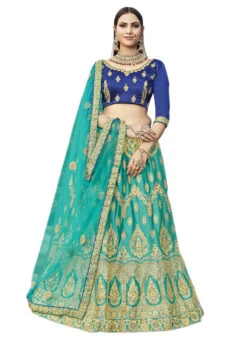 Sea Green Satin Silk Golden Thread Embroidery A Line Lehenga Party Wear -C Bazaar Shop sea green satin silk golden thread embroidery a line lehenga ghsst40002 u