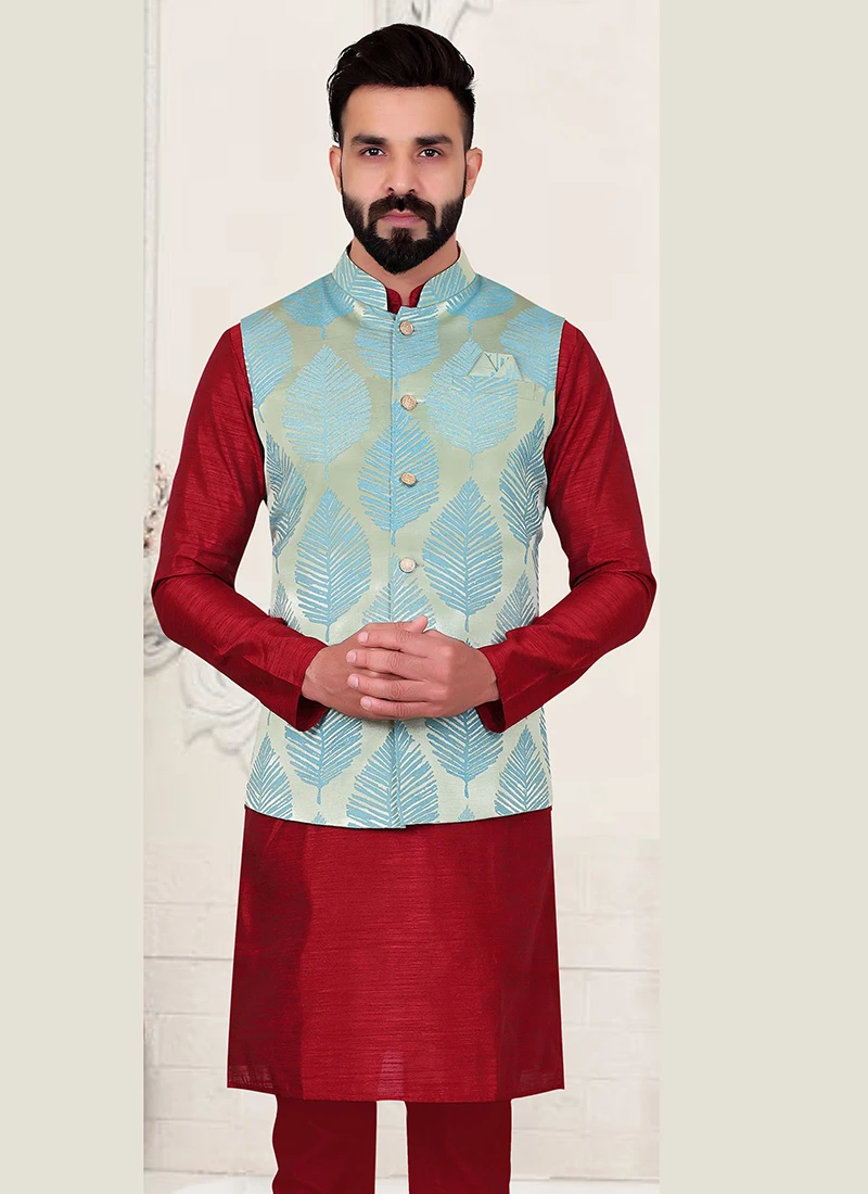 Sea Green Silk Nehru Jacket 3 Sea Green Silk Nehru Jacket - Image 3