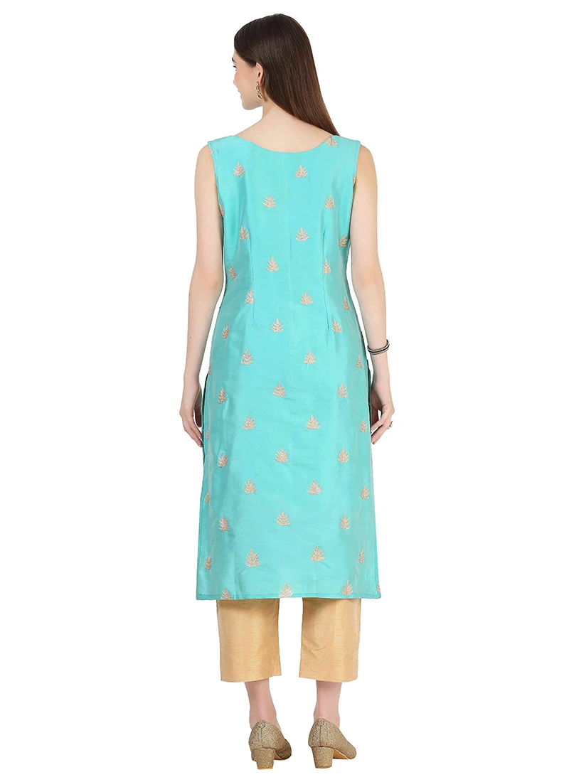 Sea Green Taffeta Silk Embroidery Kurta Straight Pant Set Party Wear 4 Sea Green Taffeta Silk Embroidery Kurta Straight Pant Set Party Wear - Image 4