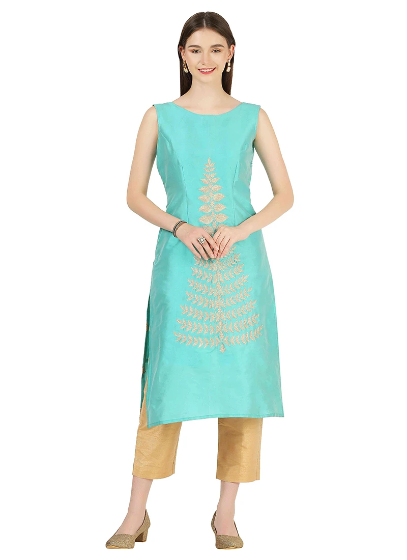Sea Green Taffeta Silk Embroidery Kurta Straight Pant Set Party Wear 3 Sea Green Taffeta Silk Embroidery Kurta Straight Pant Set Party Wear - Image 3