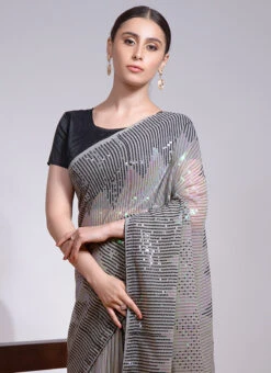 Sequins Work Grey Color Georgette Saree Party Wear -C Bazaar Shop sequins work grey color georgette saree sasvp239 b