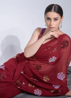Sequins Work Maroon Color Georgette Saree Festive Wear -C Bazaar Shop sequins work maroon color georgette saree sasvp248 b