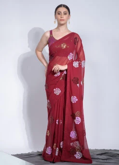 Sequins Work Maroon Color Georgette Saree Festive Wear -C Bazaar Shop sequins work maroon color georgette saree sasvp248 u