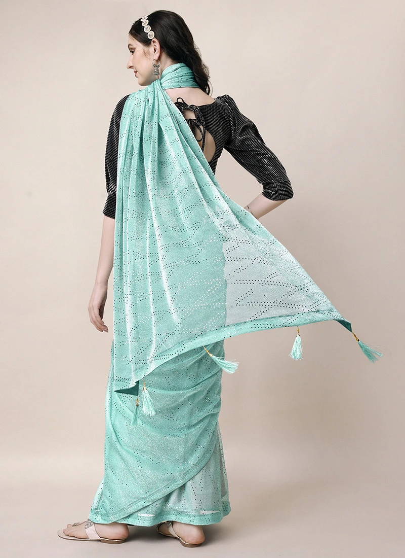 SequinsWork Turquoise Blue Color Lyrcra Saree Party Wear 4 SequinsWork Turquoise Blue Color Lyrcra Saree Party Wear - Image 4