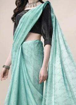 SequinsWork Turquoise Blue Color Lyrcra Saree Party Wear