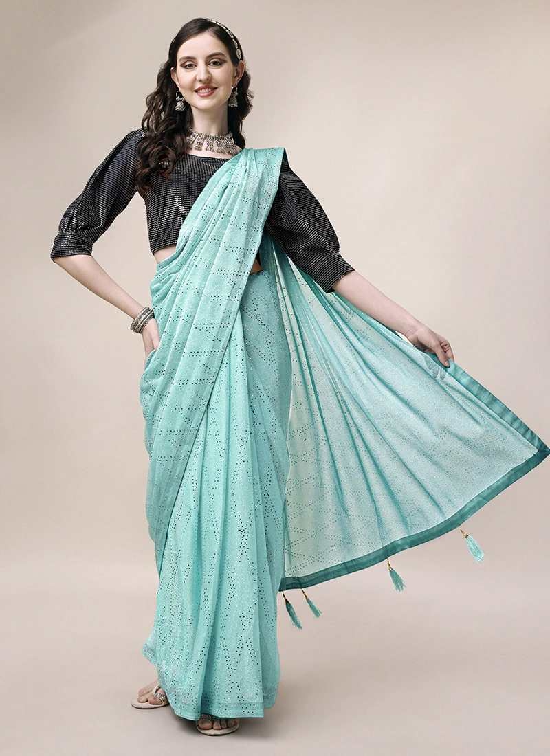 SequinsWork Turquoise Blue Color Lyrcra Saree Party Wear 3 SequinsWork Turquoise Blue Color Lyrcra Saree Party Wear - Image 3