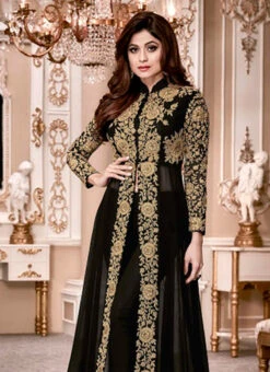 Shamita Shetty Black Georgette Anarkali Suit Party Wear -C Bazaar Shop shamita shetty black georgette anarkali suit slscc8001a b