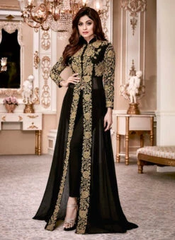 Shamita Shetty Black Georgette Anarkali Suit Party Wear -C Bazaar Shop shamita shetty black georgette anarkali suit slscc8001a u