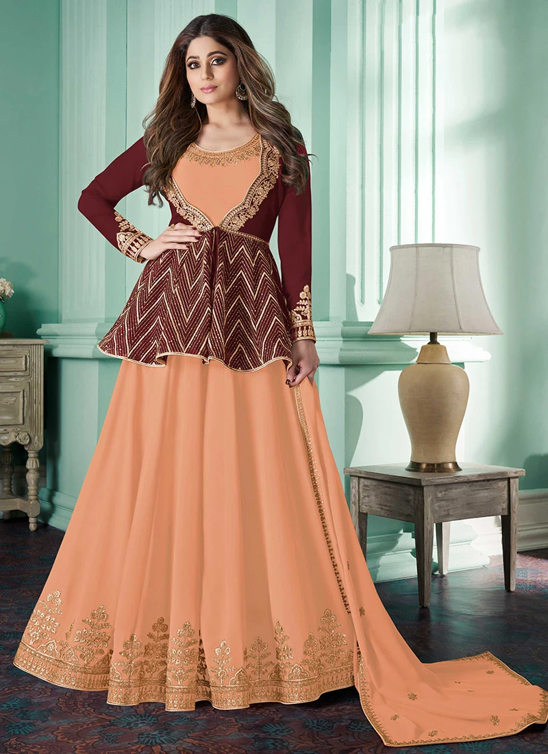 Shamita Shetty Light Orange Georgette Embroidered Anarkali Suit Party Wear 3 Shamita Shetty Light Orange Georgette Embroidered Anarkali Suit Party Wear - Image 3
