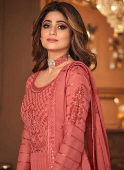 Shamita Shetty Pink Georgette Sequins Anarkali Suit Party Wear -C Bazaar Shop shamita shetty pink georgette sequins anarkali suit slsaj31418687 b