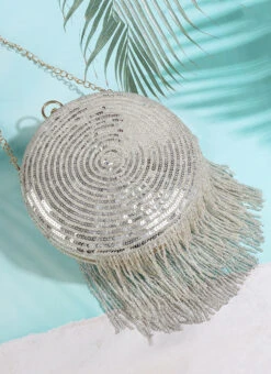 Silver Art Silk Sequins Clutch Party Wear -C Bazaar Shop silver art silk sequins clutch hbdacs517 b