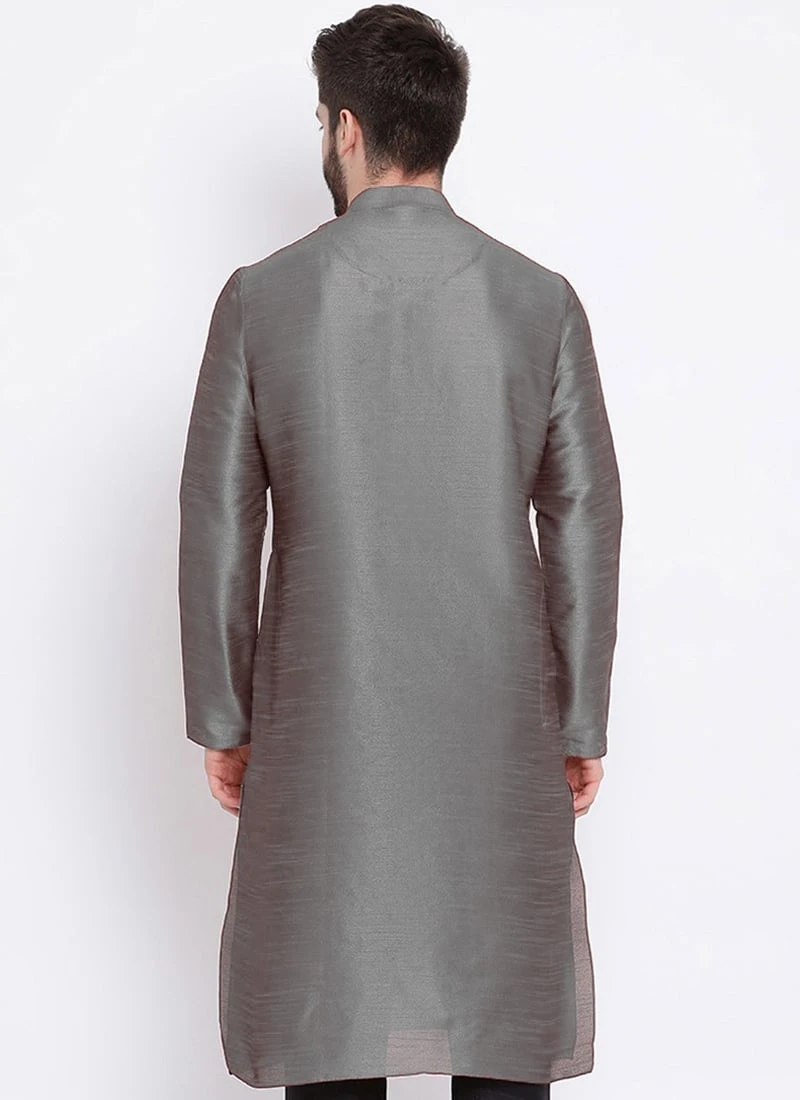 Silver Grey Dupion Silk Soild Stitched Kurta 3 Silver Grey Dupion Silk Soild Stitched Kurta - Image 3
