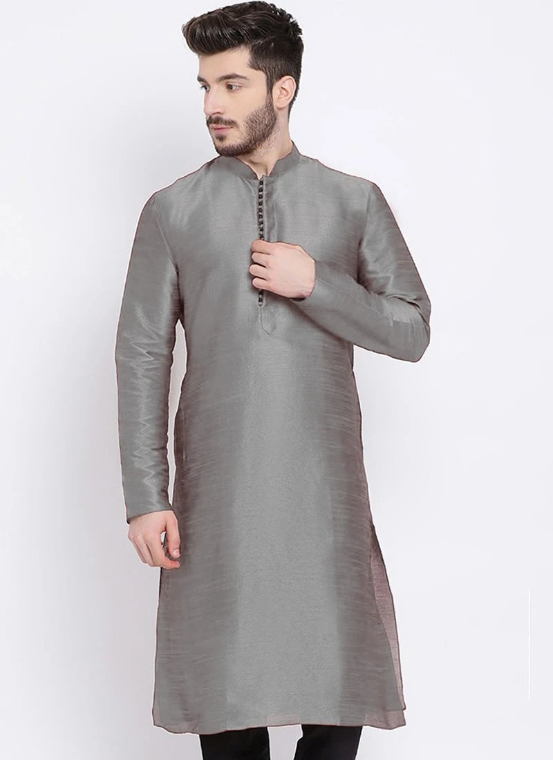 Silver Grey Dupion Silk Soild Stitched Kurta 2 Silver Grey Dupion Silk Soild Stitched Kurta - Image 2
