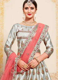 Silver Grey Satin Embroidered Umbrella Lehenga Wedding Wear -C Bazaar Shop silver grey satin embroidered umbrella lehenga ghsak43011611 b