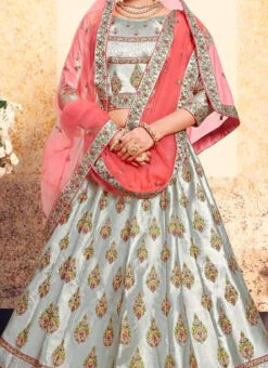 Silver Grey Satin Embroidered Umbrella Lehenga Wedding Wear