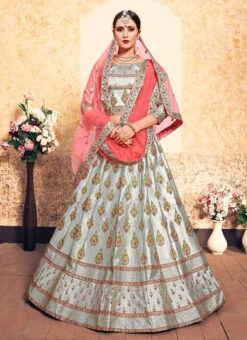 Silver Grey Satin Embroidered Umbrella Lehenga Wedding Wear -C Bazaar Shop silver grey satin embroidered umbrella lehenga ghsak43011611 u
