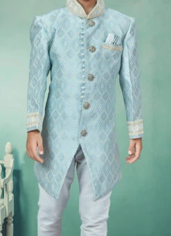 Sky Blue Art Silk Embroidery Indowestern Sherwani Party Wear