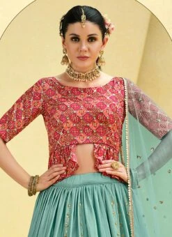 Sky Blue Chinon Silk Sequins Work Long Choli Lehenga Wedding Wear -C Bazaar Shop sky blue chinon silk sequins work long choli lehenga ghsom2234 b