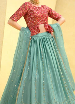 Sky Blue Chinon Silk Sequins Work Long Choli Lehenga Wedding Wear