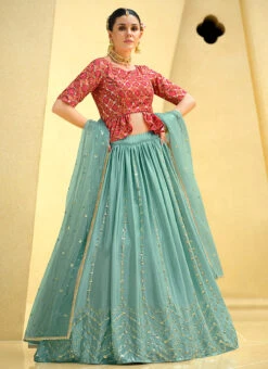 Sky Blue Chinon Silk Sequins Work Long Choli Lehenga Wedding Wear -C Bazaar Shop sky blue chinon silk sequins work long choli lehenga ghsom2234 u