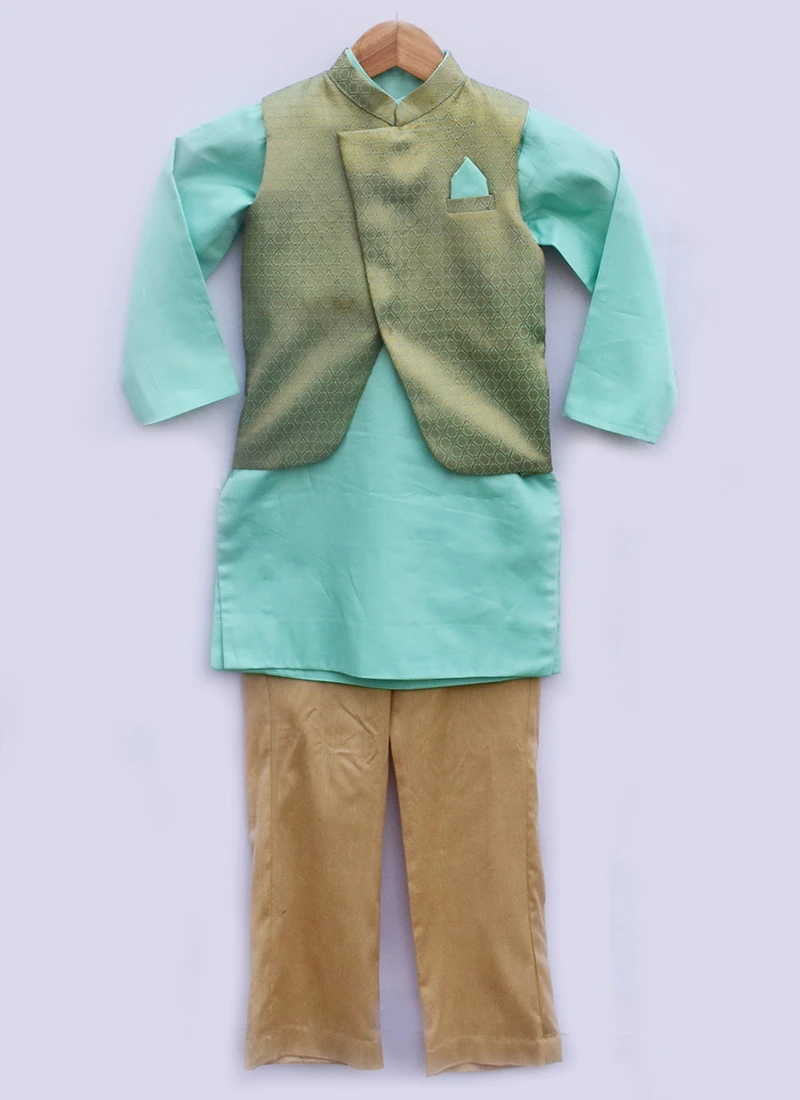 Sky Blue Cotton Brocade Bandi Set Party Wear 2 Sky Blue Cotton Brocade Bandi Set Party Wear - Image 2