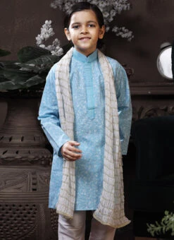 Sky Blue Cotton Printed Boys Kurta Pyjama Party Wear -C Bazaar Shop sky blue cotton printed boys kurta pyjama kdbmss6206 b