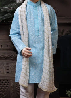 Sky Blue Cotton Printed Boys Kurta Pyjama Party Wear