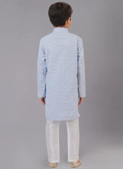 Sky Blue Cotton Silk Embroidery Kurta Pyjama Party Wear -C Bazaar Shop sky blue cotton silk embroidery kurta pyjama kdbkvs838 b