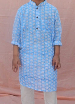 Sky Blue Cotton Solid Kurta Pyjama Festive Wear