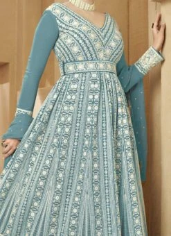 Sky Blue Faux Georgette Embroidered Anarkali Suit Party Wear