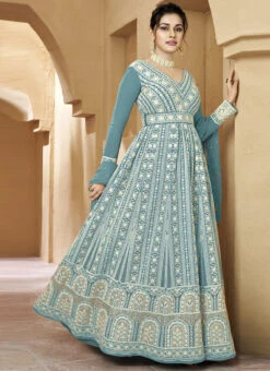 Sky Blue Faux Georgette Embroidered Anarkali Suit Party Wear -C Bazaar Shop sky blue faux georgette embroidered anarkali suit slsrf26971 u
