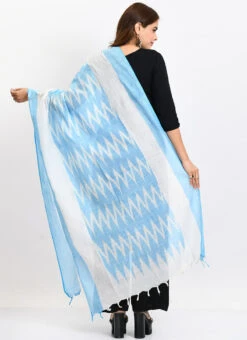 Sky Blue Handloom Cotton Ikkat Printed Dupatta Work Wear -C Bazaar Shop sky blue handloom cotton ikkat printed dupatta dpdmimfd140 b