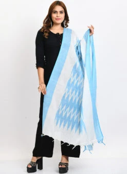 Sky Blue Handloom Cotton Ikkat Printed Dupatta Work Wear -C Bazaar Shop sky blue handloom cotton ikkat printed dupatta dpdmimfd140 u