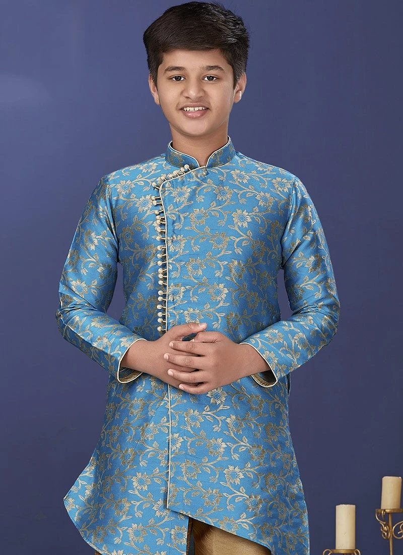 Sky Blue Heavy Silk Boys Indowestern Sherwani Party Wear 3 Sky Blue Heavy Silk Boys Indowestern Sherwani Party Wear - Image 3