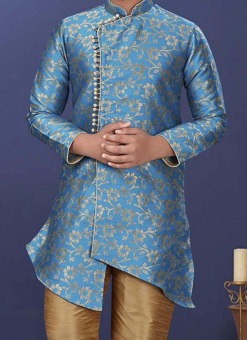 Sky Blue Heavy Silk Boys Indowestern Sherwani Party Wear 1 Sky Blue Heavy Silk Boys Indowestern Sherwani Party Wear