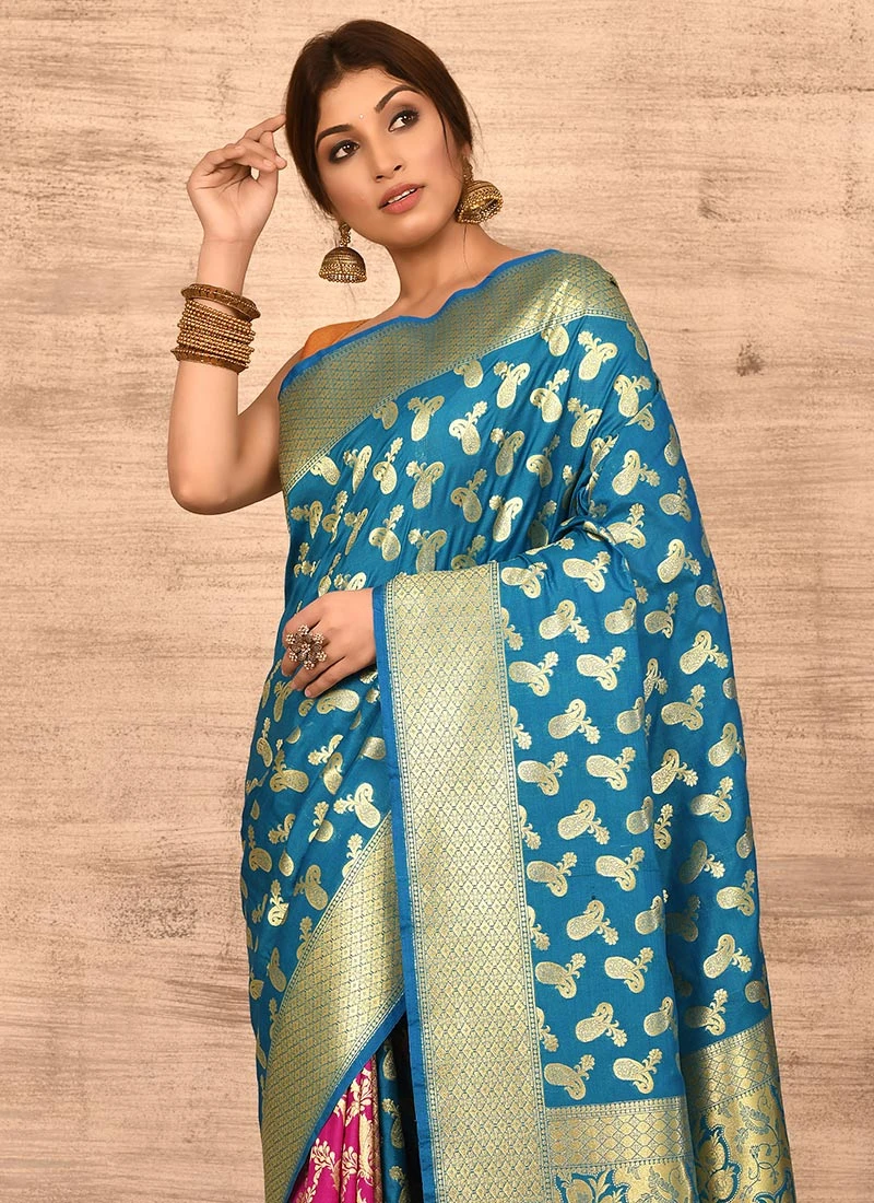 Sky Blue N Pink Benarasi Katan Silk Zari Weaving Half N Half Saree Festive Wear 4 Sky Blue N Pink Benarasi Katan Silk Zari Weaving Half N Half Saree Festive Wear - Image 4