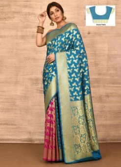 Sky Blue N Pink Benarasi Katan Silk Zari Weaving Half N Half Saree Festive Wear 6 Sky Blue N Pink Benarasi Katan Silk Zari Weaving Half N Half Saree Festive Wear -C Bazaar Shop sky blue n pink benarasi katan zari weaving half n half saree savns670a u