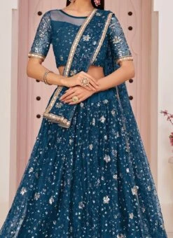 Sky Blue Net Sequins Embroidered Umbrella Lehenga Party Wear