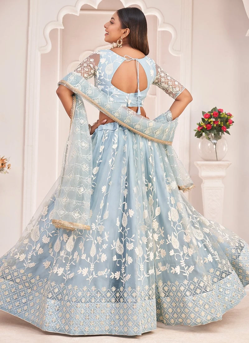 Sky Blue Net Thread Embroidery Sequins Umbrella Lehenga Party Wear 4 Sky Blue Net Thread Embroidery Sequins Umbrella Lehenga Party Wear - Image 4