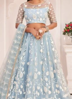 Sky Blue Net Thread Embroidery Sequins Umbrella Lehenga Party Wear